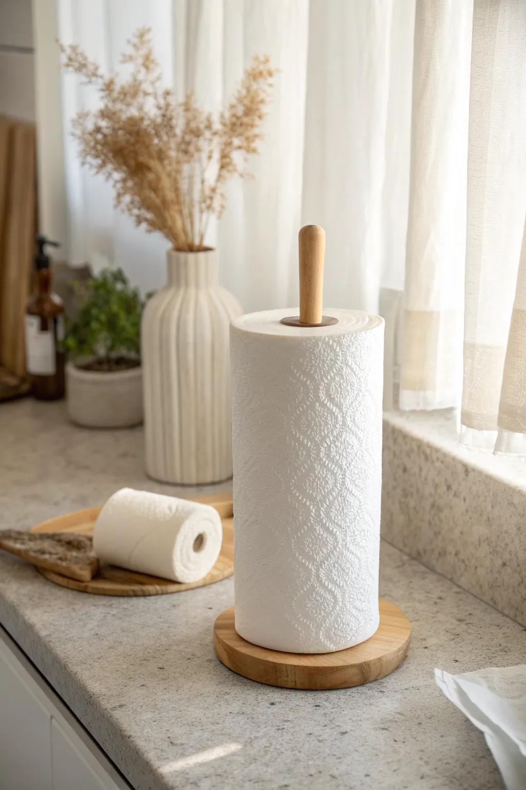 A slim paper towel holder that tucks into the counter corner—minimal, warm, and small-space smart.