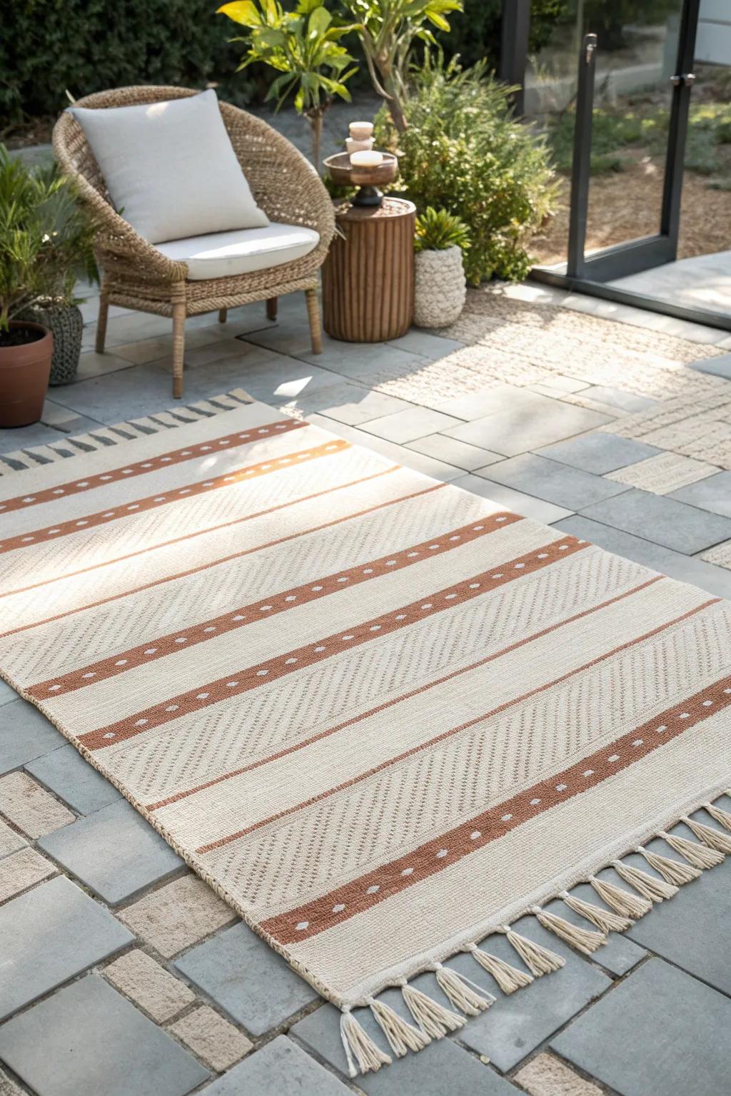 Anchor a tiny patio like a room—one outdoor rug instantly defines the seating area.
