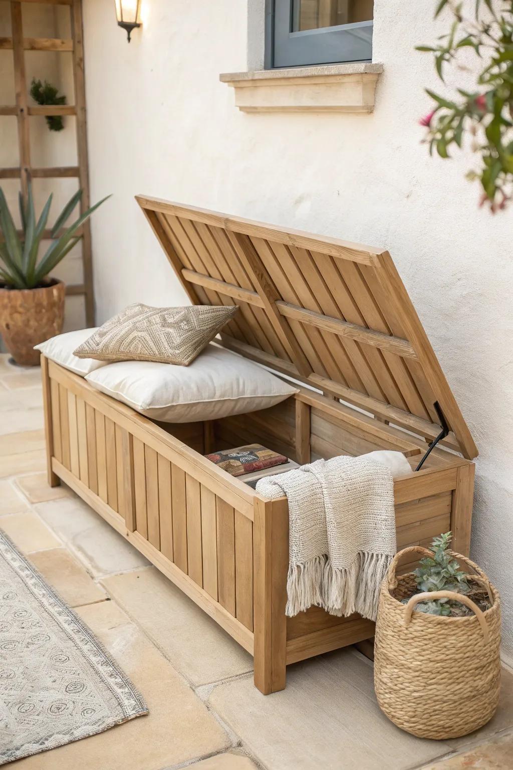A sleek storage bench that hides cushions and adds instant extra seating to any patio.