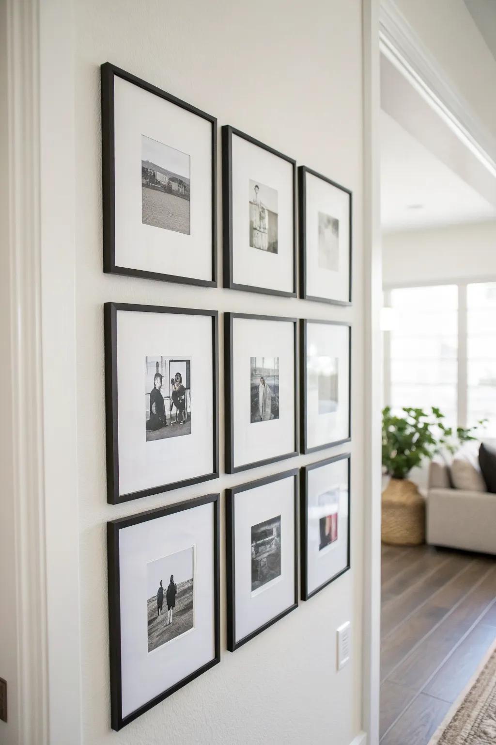 Classic symmetrical grid of matching frames for a calm, polished small-space gallery wall.