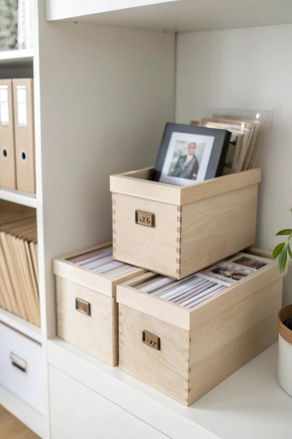Stackable photo boxes with dividers keep prints upright, tidy, and closet-ready in small spaces.