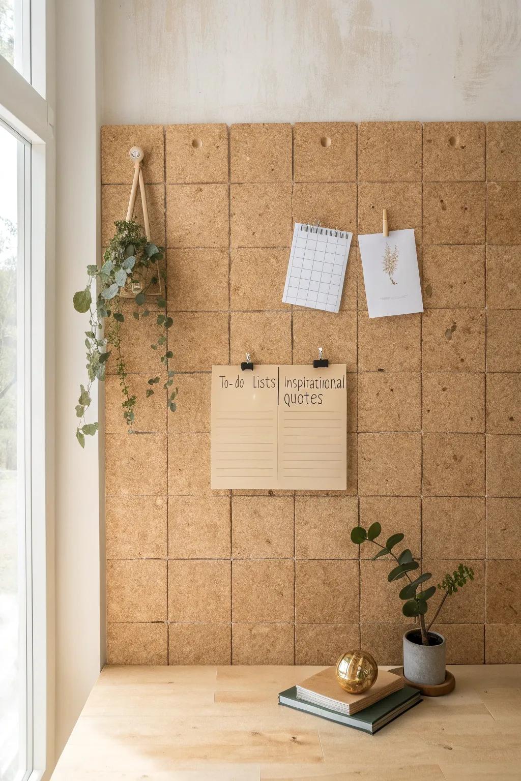 Elevate your space with a chic corkboard wall – where simplicity meets inspiration.