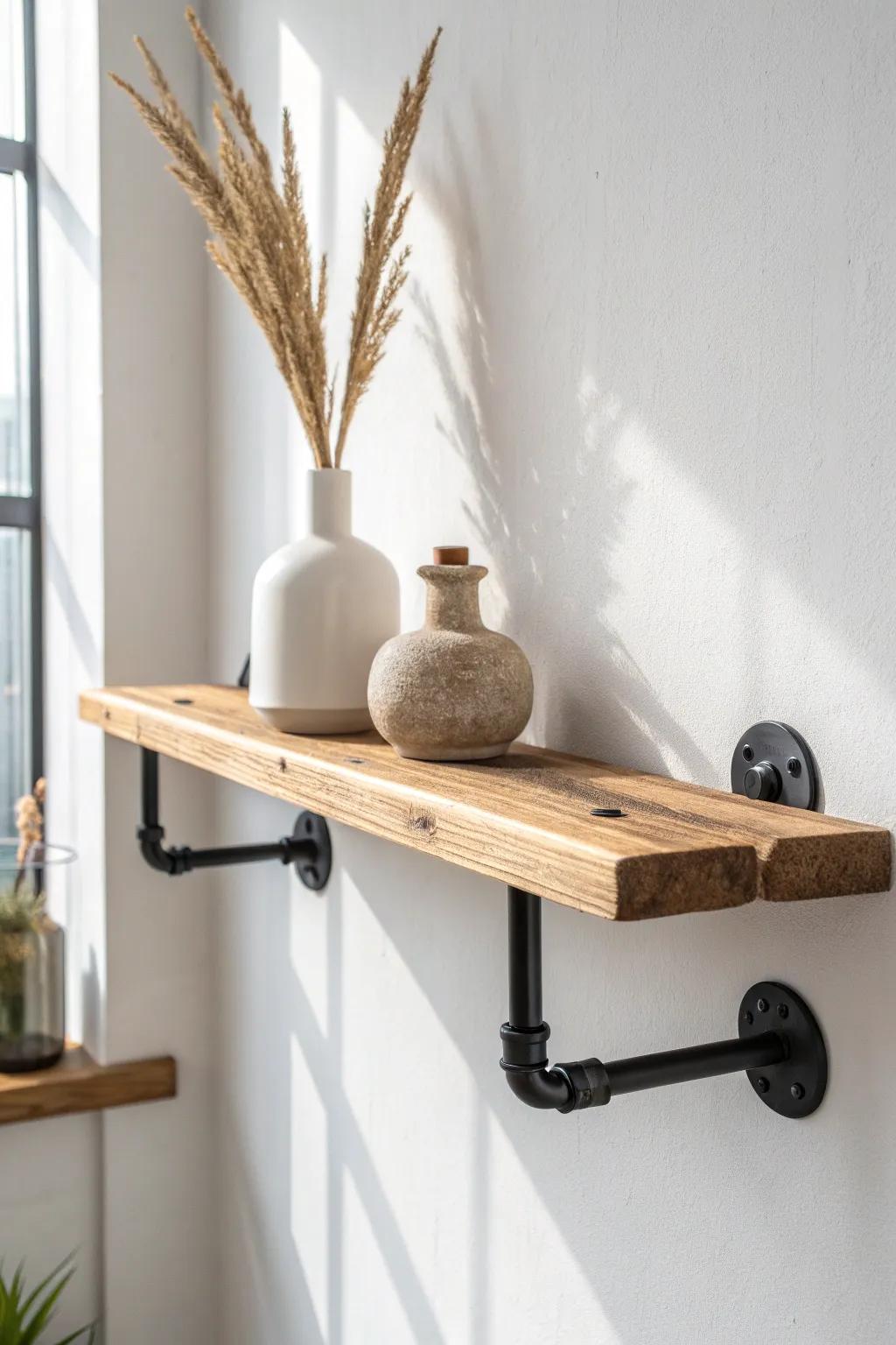 Classic floating pipe shelf: chunky black brackets + warm oak for small-space storage.