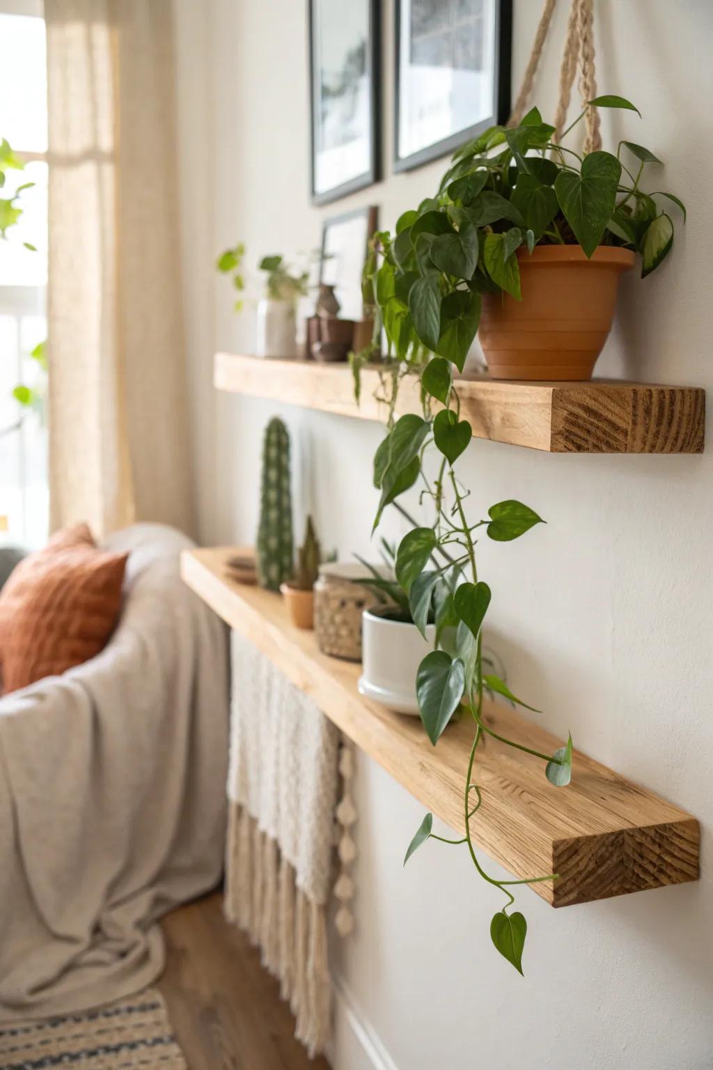 Floating shelf plant ledge: one trailing pothos + warm oak for small-space wall decor