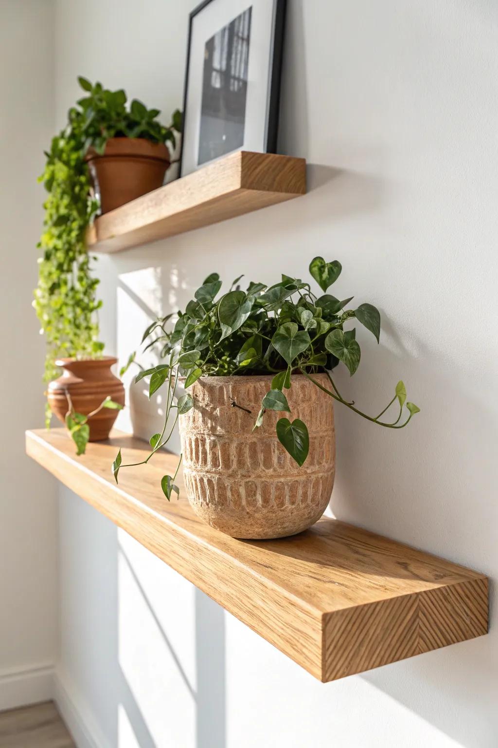 Classic oak floating shelf + trailing pothos: warm, minimalist plant styling for small walls.