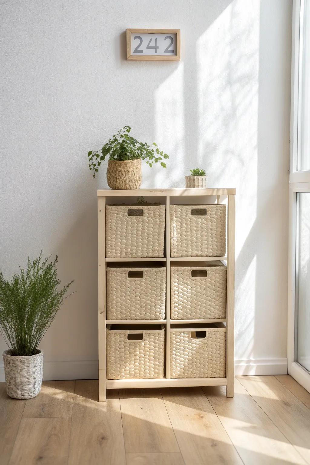 Calm playroom cube shelves with matching bins—simple, pretty storage for tiny spaces.