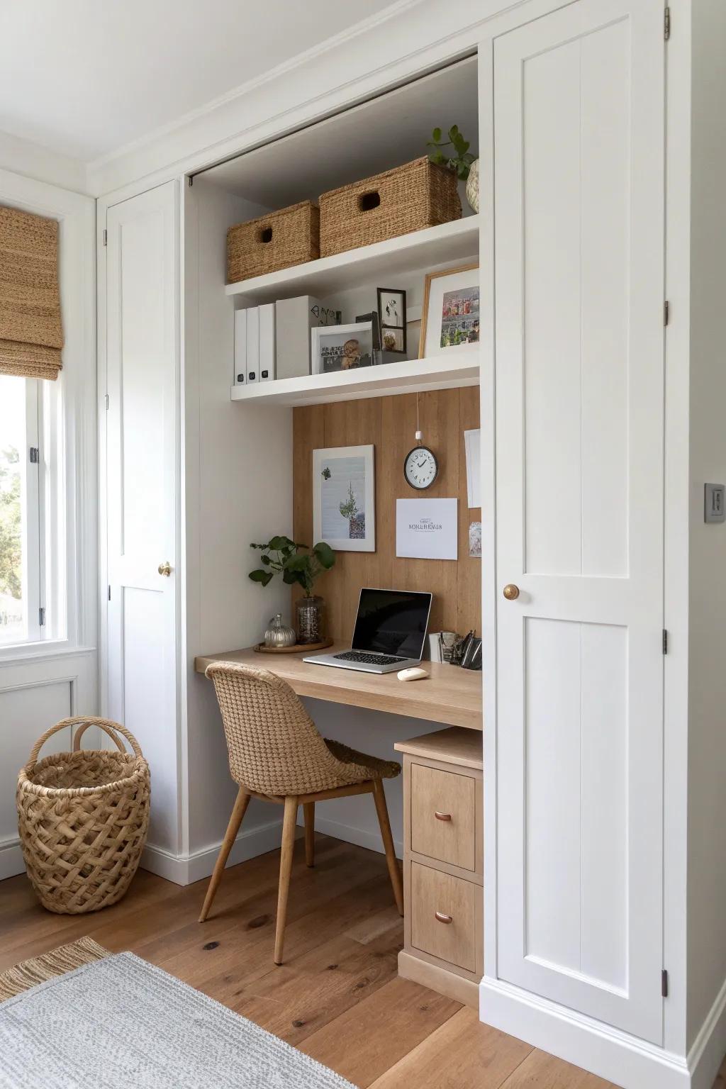 Turn a shallow closet into a calming pocket office—just add a slim desk and shelves.