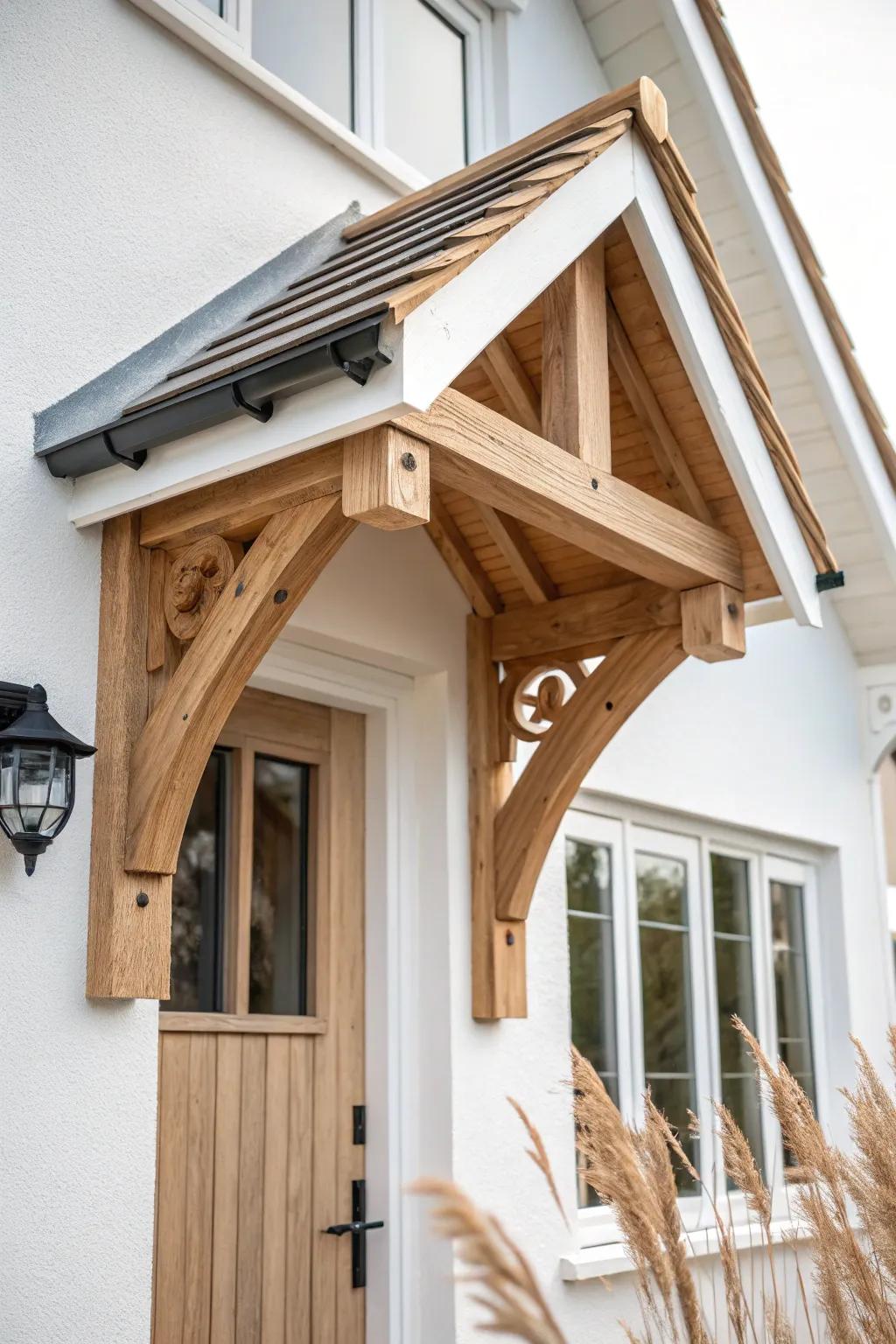 Classic gable canopy + chunky wood brackets—timeless charm that makes a small entry feel taller.