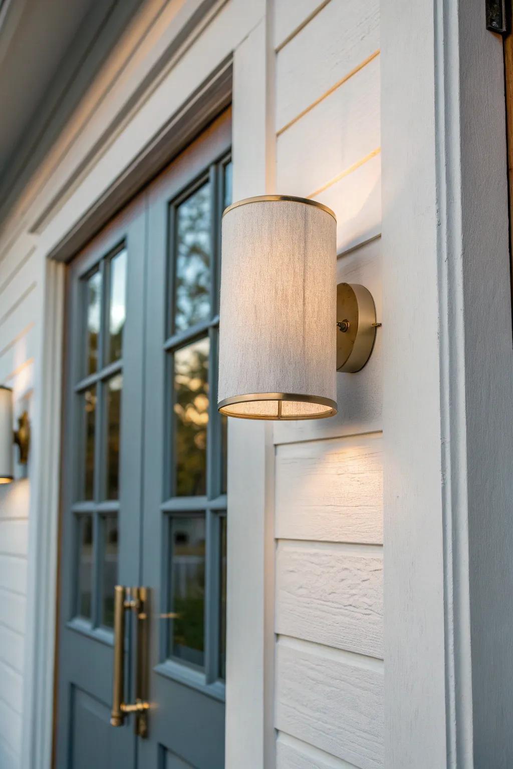 Warm-glow wall sconce by the front door—simple, matching style that elevates a tiny porch.
