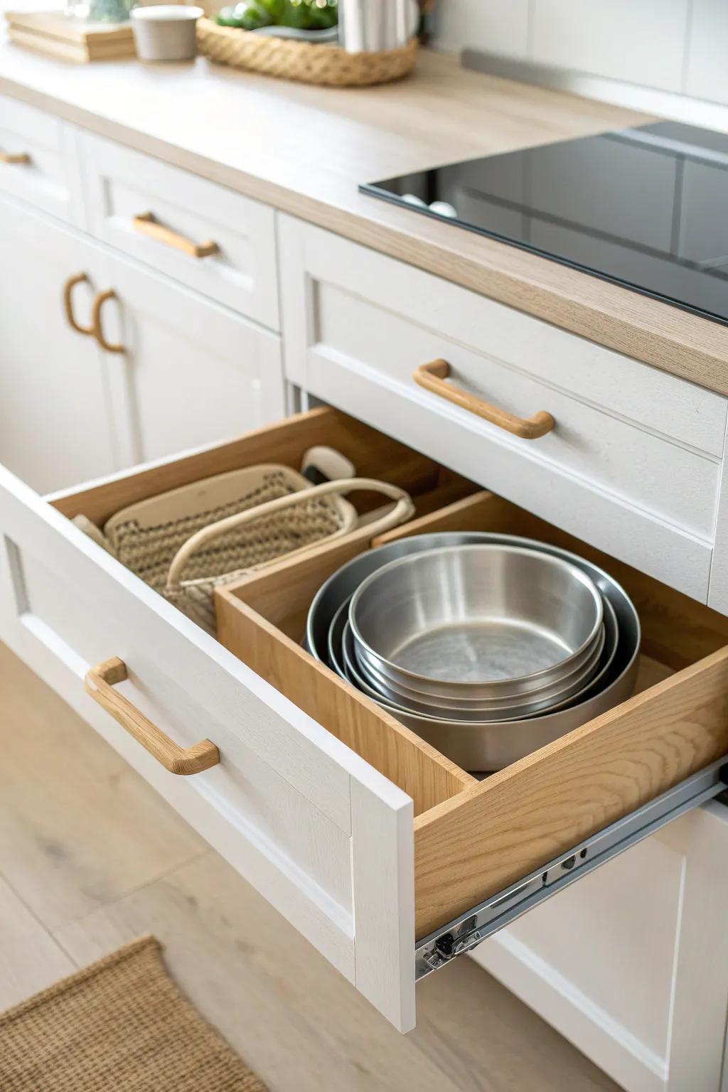 Deep drawer dividers create calm lanes for pots and pans—easy to grab, zero clatter.