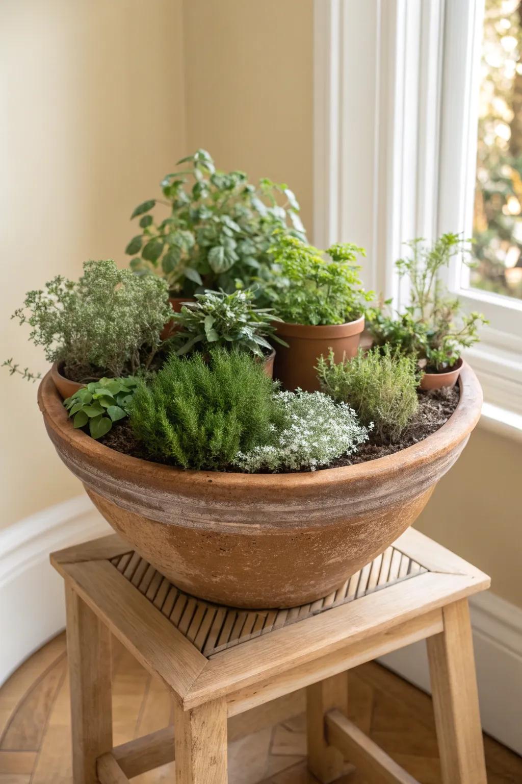Cluster pots tightly to mimic a mini garden bed—instant fullness, tidy and intentional.