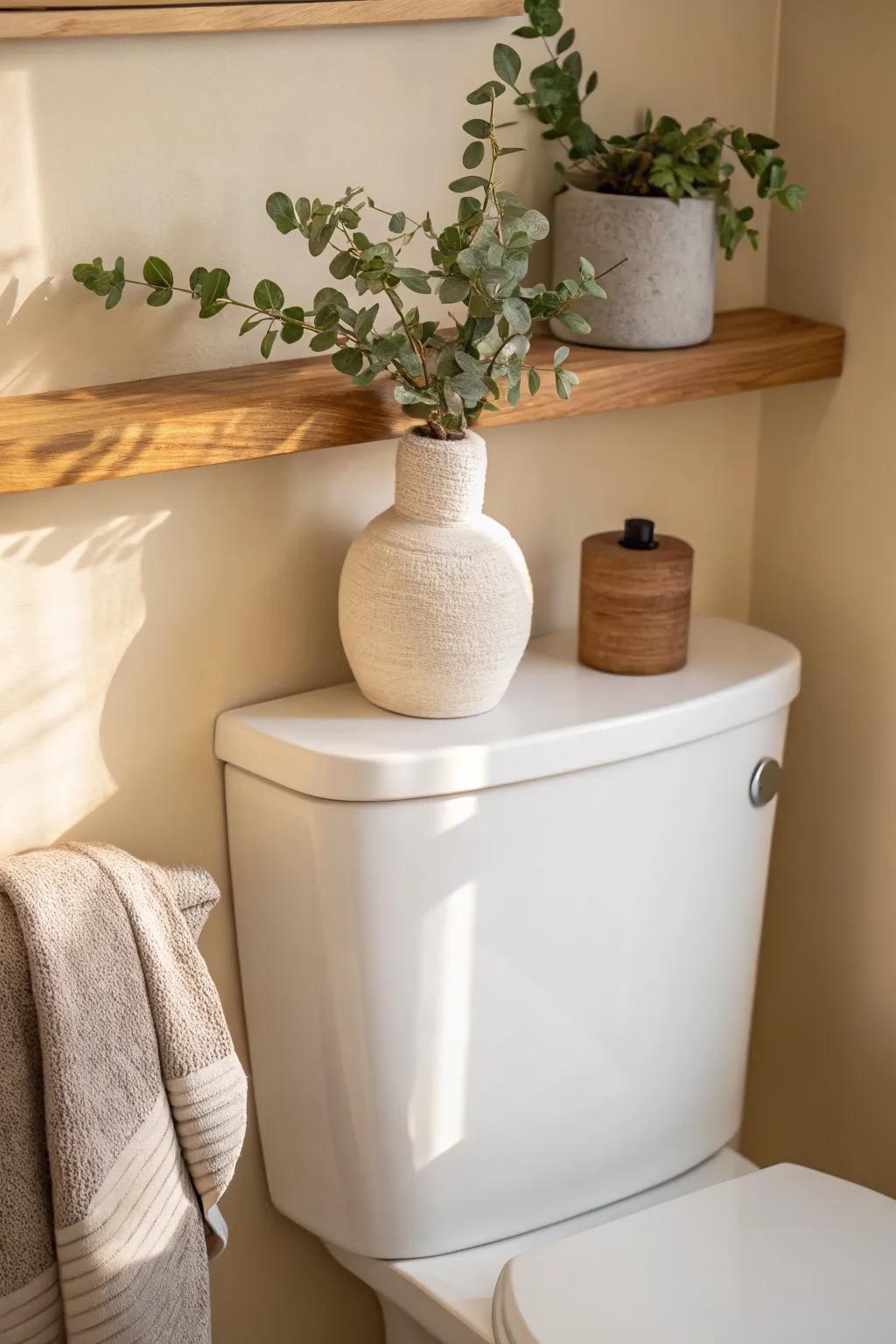 Floating shelf over the toilet: warm oak + simple styling for tidy powder room storage.