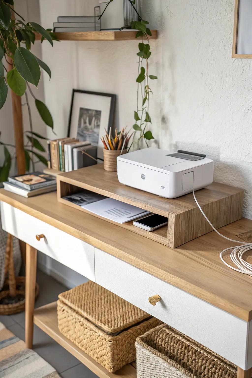 Hide your printer in the shadow zone—an under-desk floating shelf keeps the nook serene.