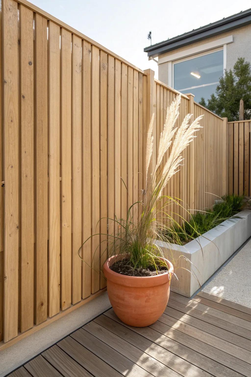 A simple slat fence + one planter creates instant privacy without closing in your space.