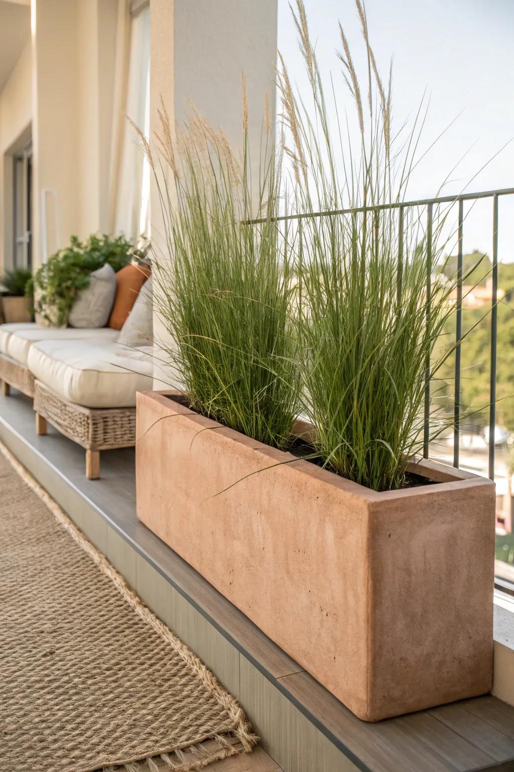 A sleek trough planter of tall grasses creates instant privacy without crowding a small balcony.