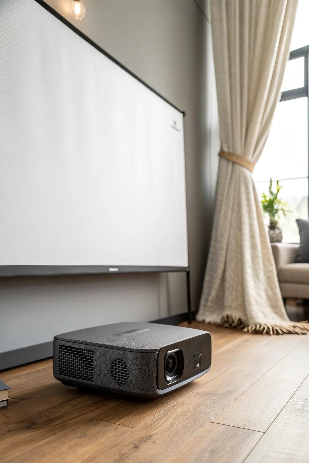 Smooth matte wall, low setup, zero clutter—your projection zone stays crisp and calming.