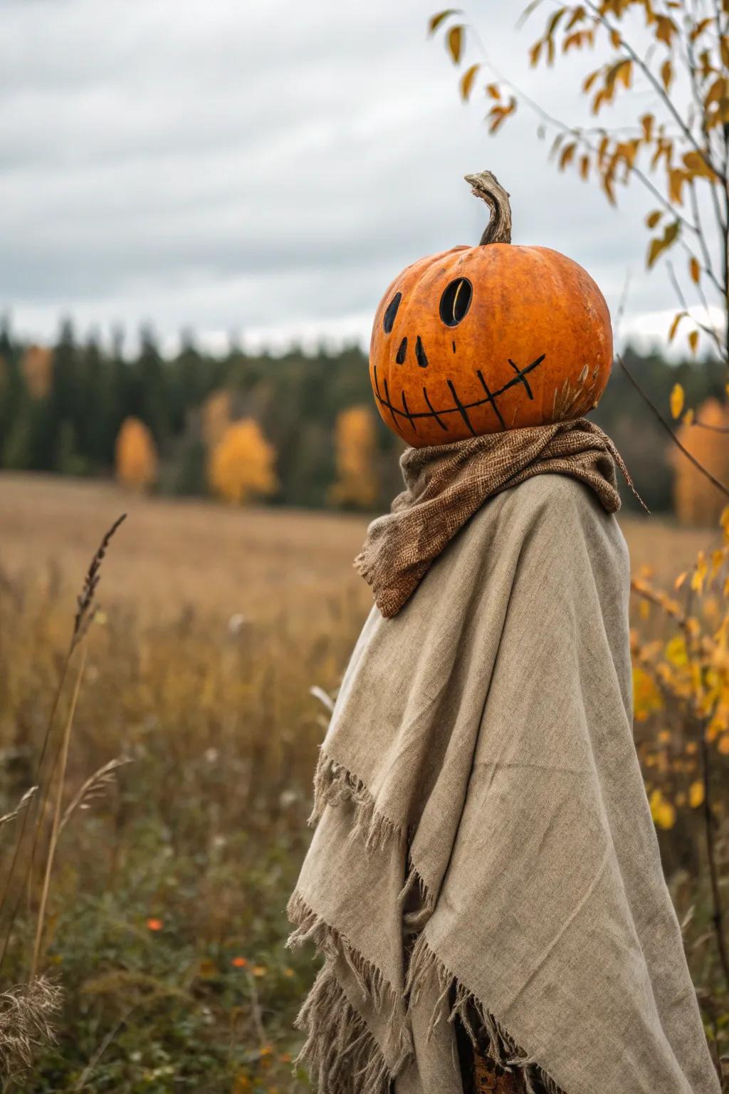 Embrace fall charm with a classic pumpkin head scarecrow, blending minimalist aesthetics with a touch of boho magic.