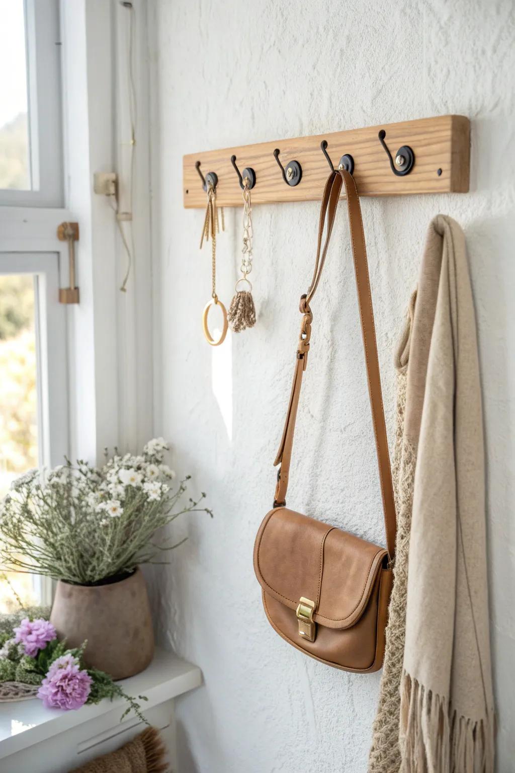 A minimalist wall hook rail keeps purses visible, tidy, and strap-friendly in small entry nooks.