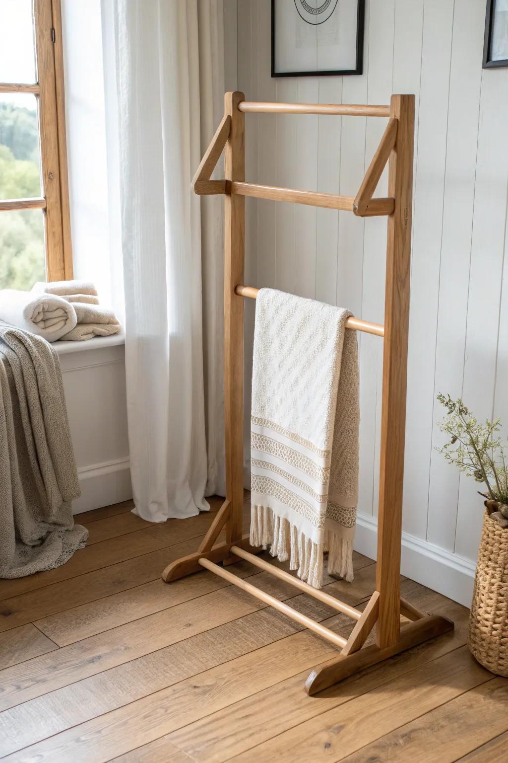 A classic oak quilt rack that warms up a small living room and keeps throws beautifully tidy.