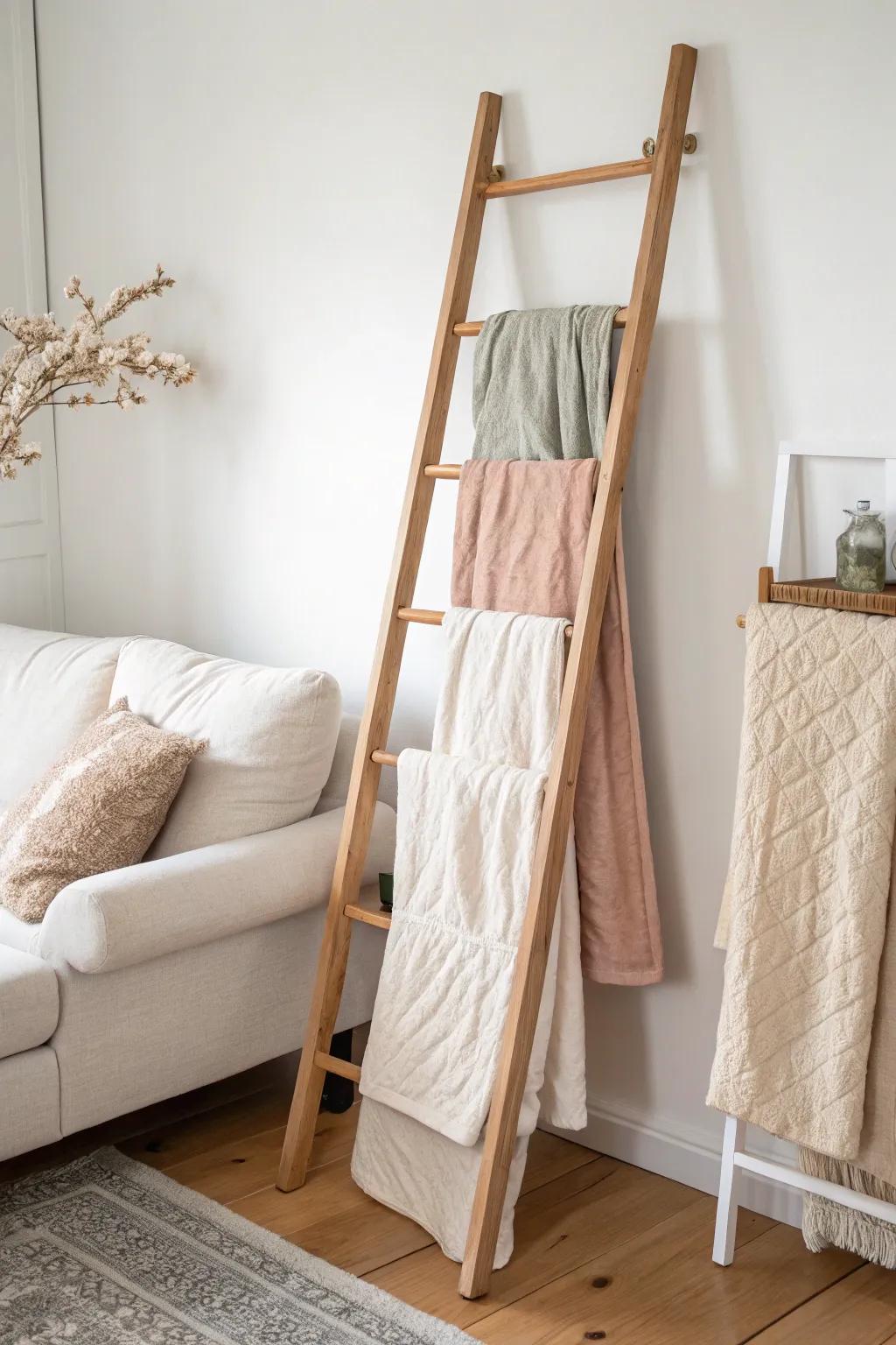 Lean a quilt ladder by the sofa for chic, grab-and-go storage that saves every drawer.