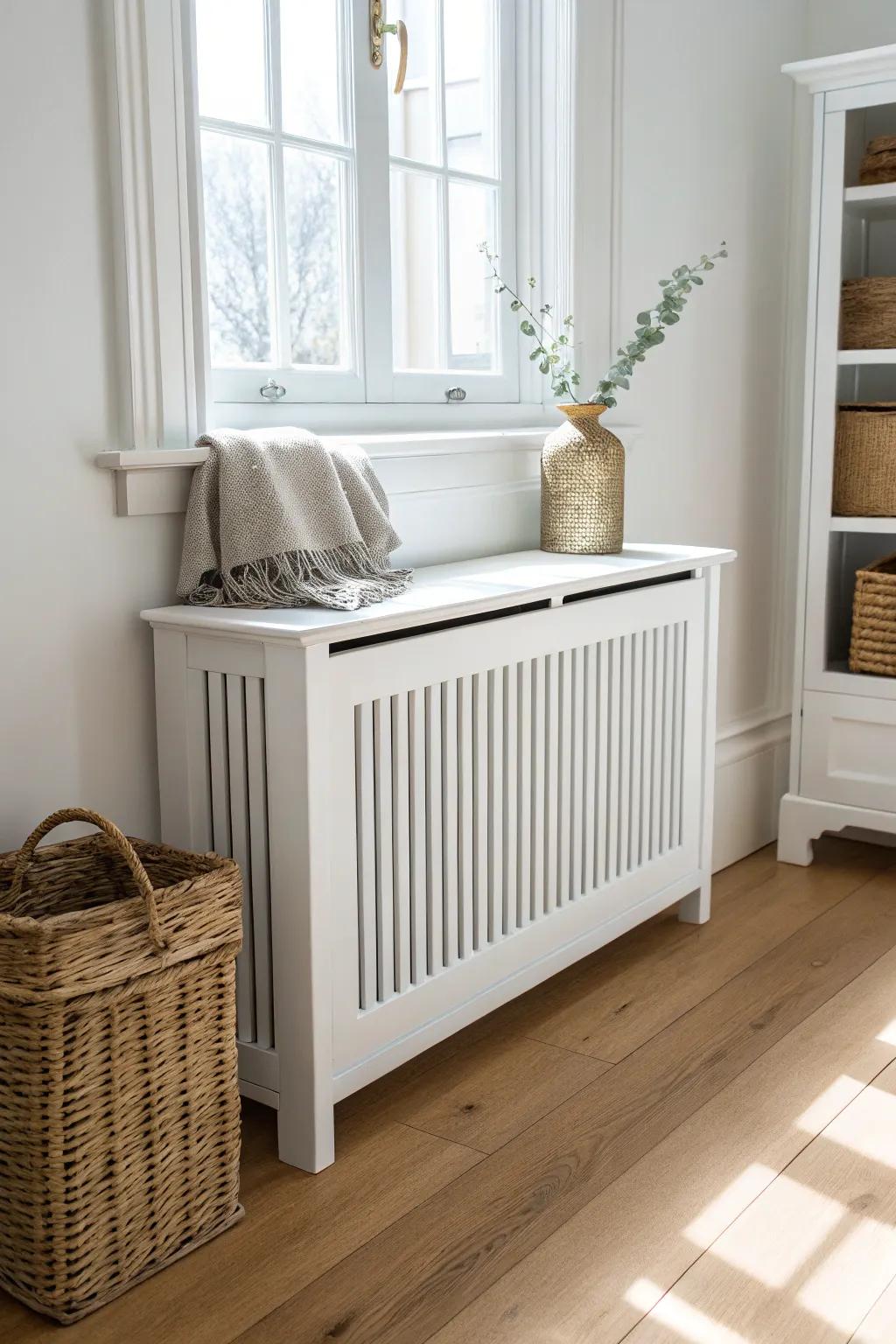 Crisp white painted box radiator cover—built-in look with airy gaps for heat flow.