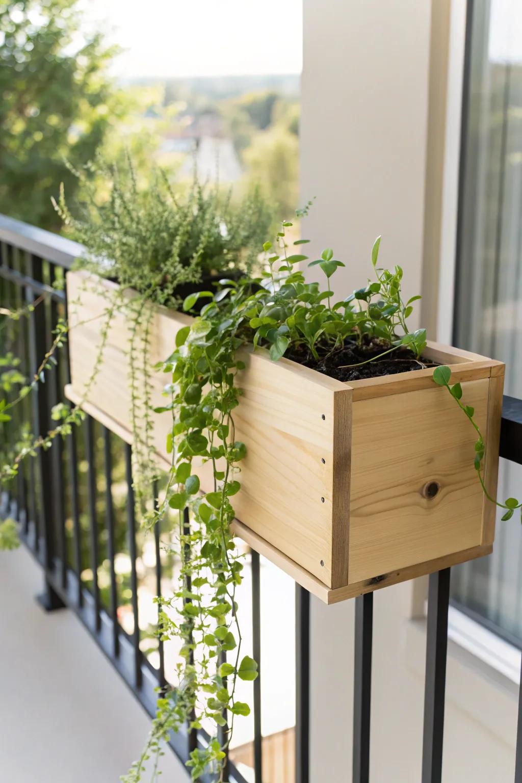 Classic over-the-rail box planter: instant lush balcony style with zero floor clutter.