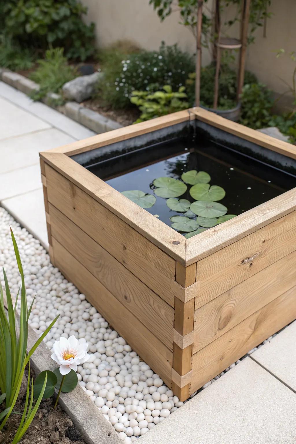 A clean square raised pond box adds a calm, designed water feature to the smallest garden.