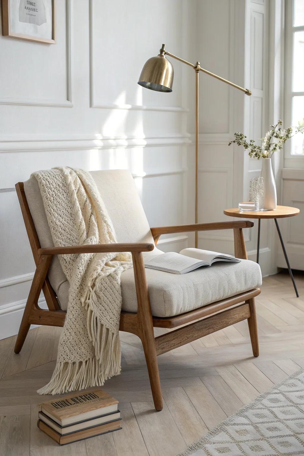 A classic corner chair + warm task light—instant adult reading nook in a small space.