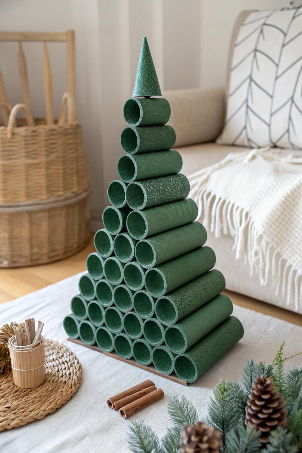 Transform humble cardboard tubes into a stunning centerpiece with this DIY recycled Christmas tree idea. Perfect for an eco-friendly and minimalist holiday decor!