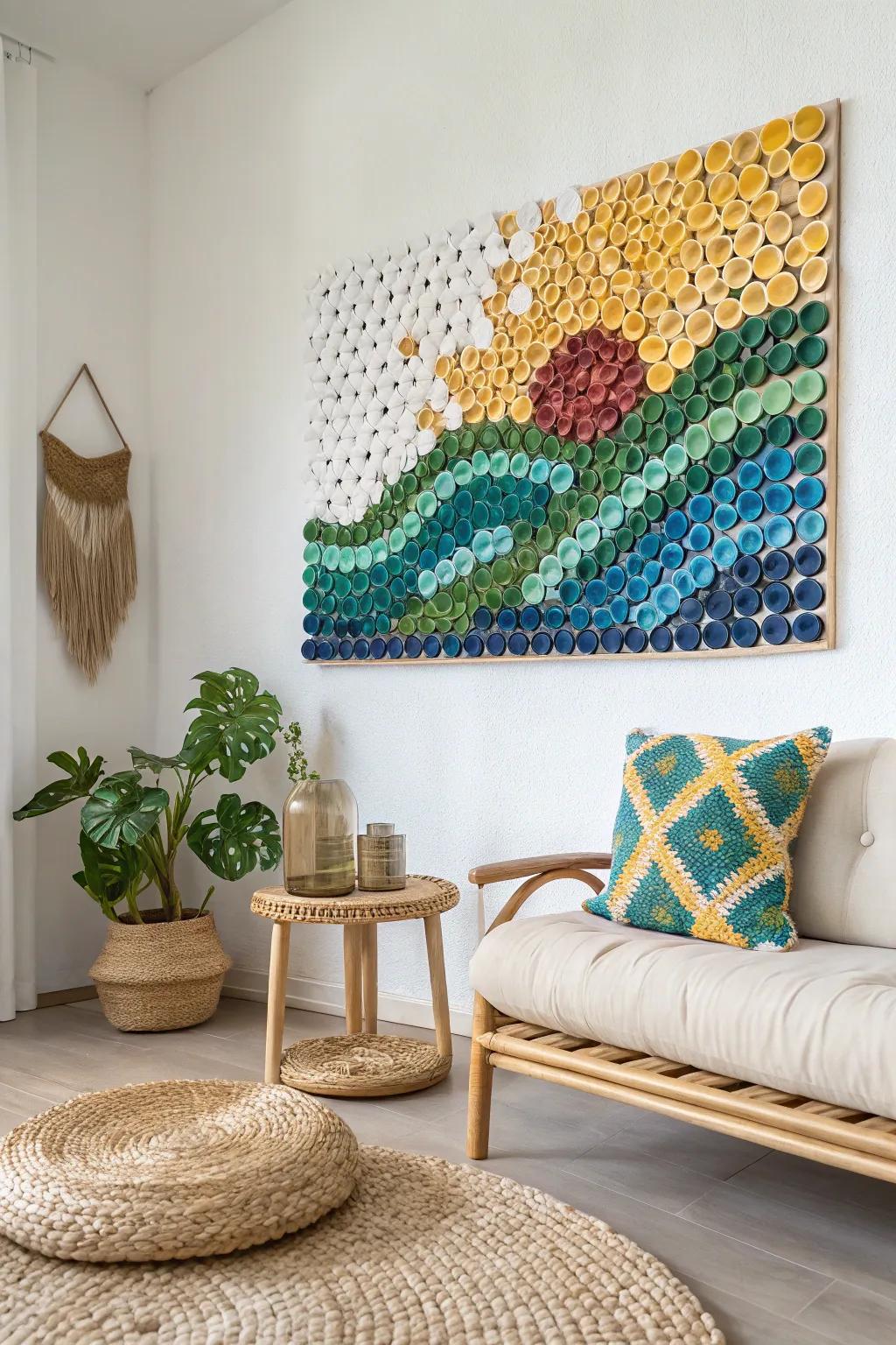 Crafted with care: A colorful bottle cap mosaic that brings a splash of eco-friendly art to your living space.