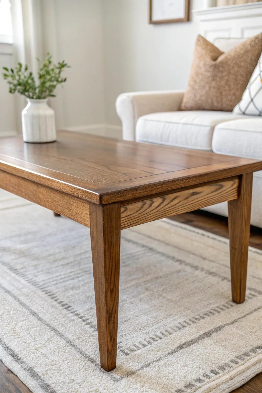 Classic sand + restain: rich wood grain, then a durable clear coat to handle daily mugs and snacks.