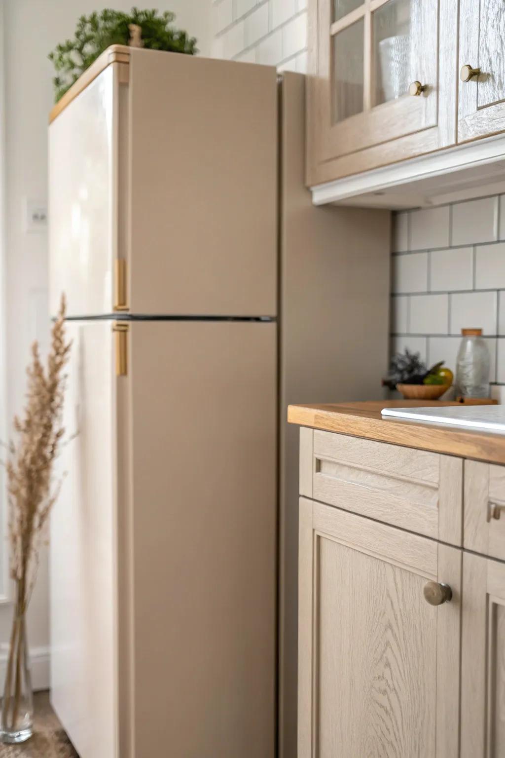 Paint the fridge side panel to match cabinets for a calm, built-in look in a tiny kitchen.
