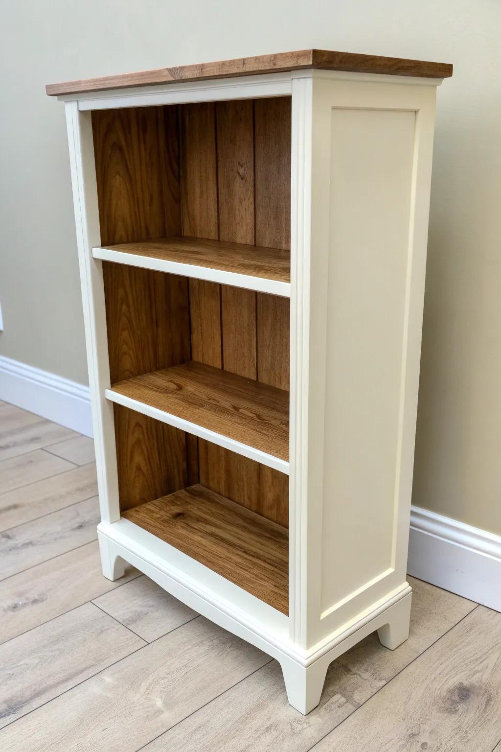 Classic two-tone paint + stained shelves for instant contrast and a luxe refurbished look.