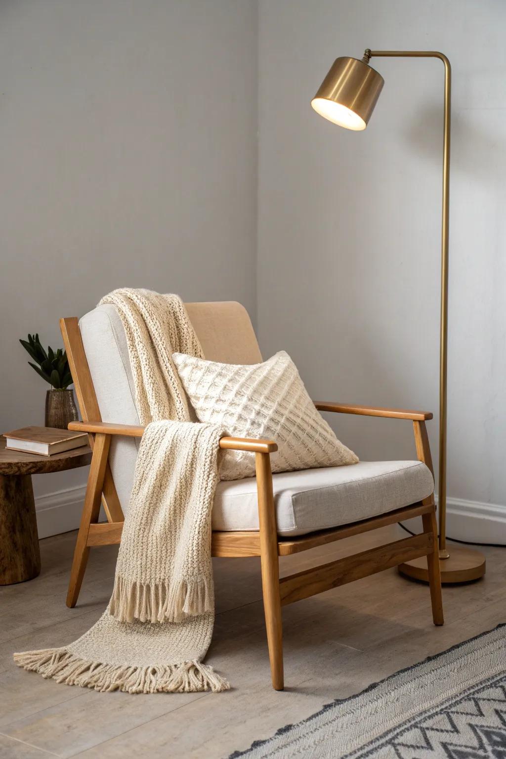 A classic reading chair corner—soft throw, one perfect pillow, and warm lamplight.