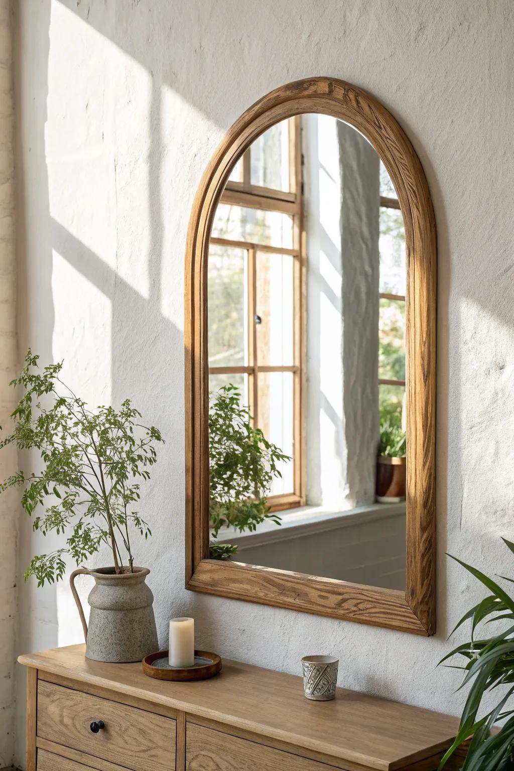 Hang a repurposed dresser mirror solo—instant statement piece that brightens and expands small rooms.