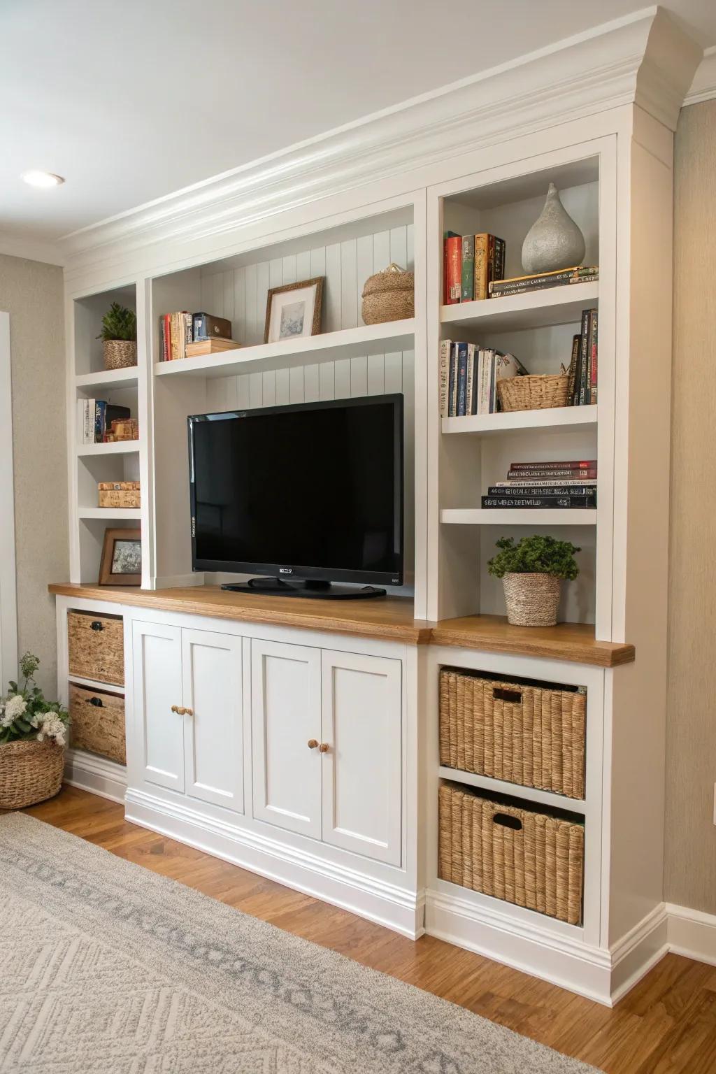 Old entertainment center → faux built-ins: clean panel back, tall shelves, neutral books and baskets.