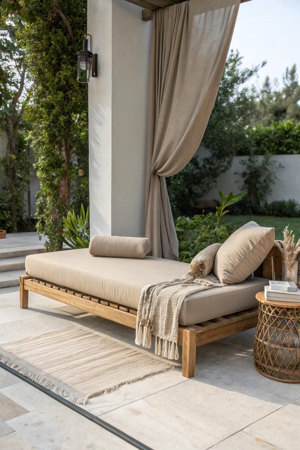 Transform your patio into a serene retreat with this chic outdoor daybed, where comfort meets minimalist elegance.