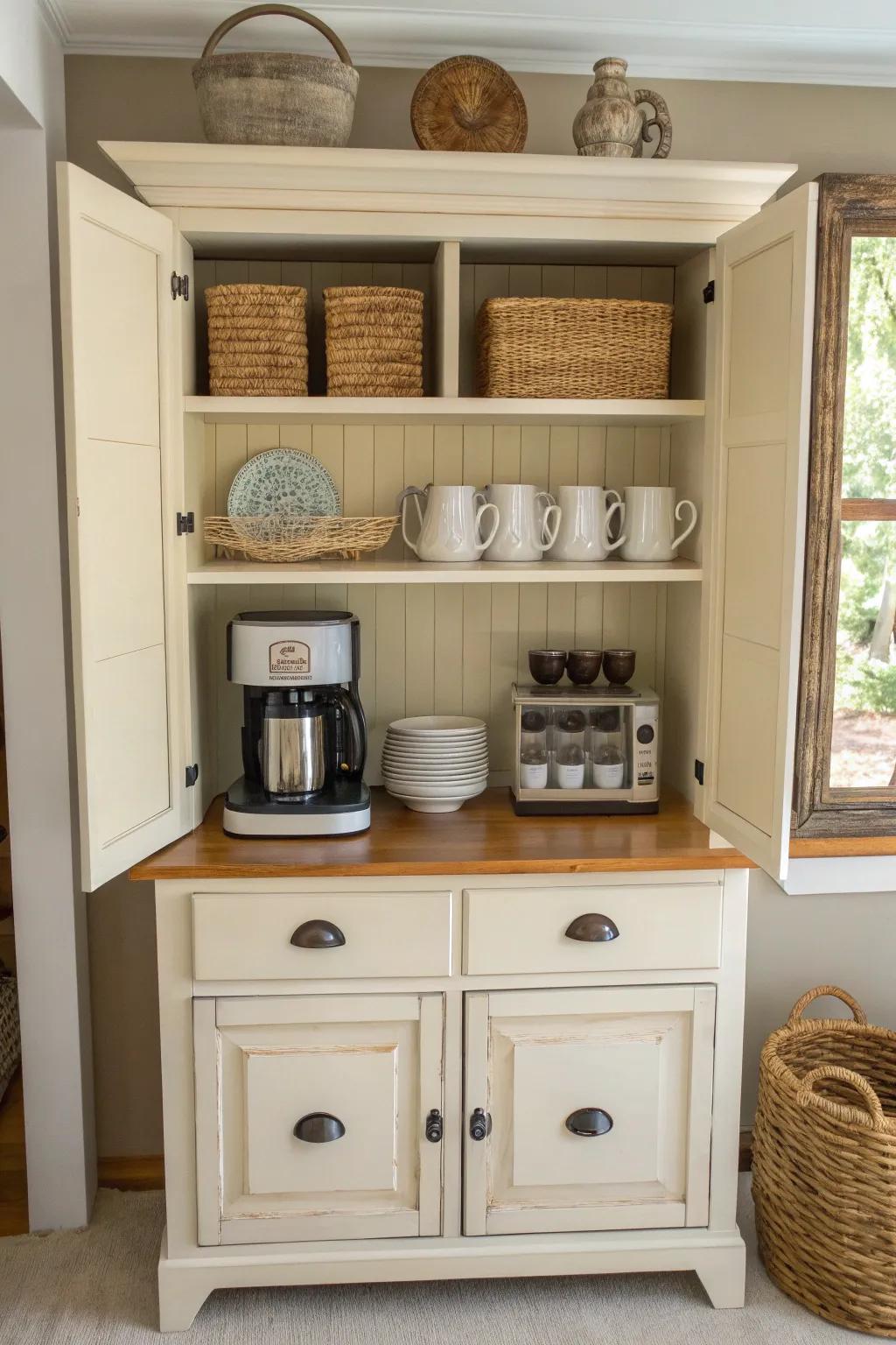 Repurposed china cabinet coffee bar with hanging mugs—small-space mornings made calm.