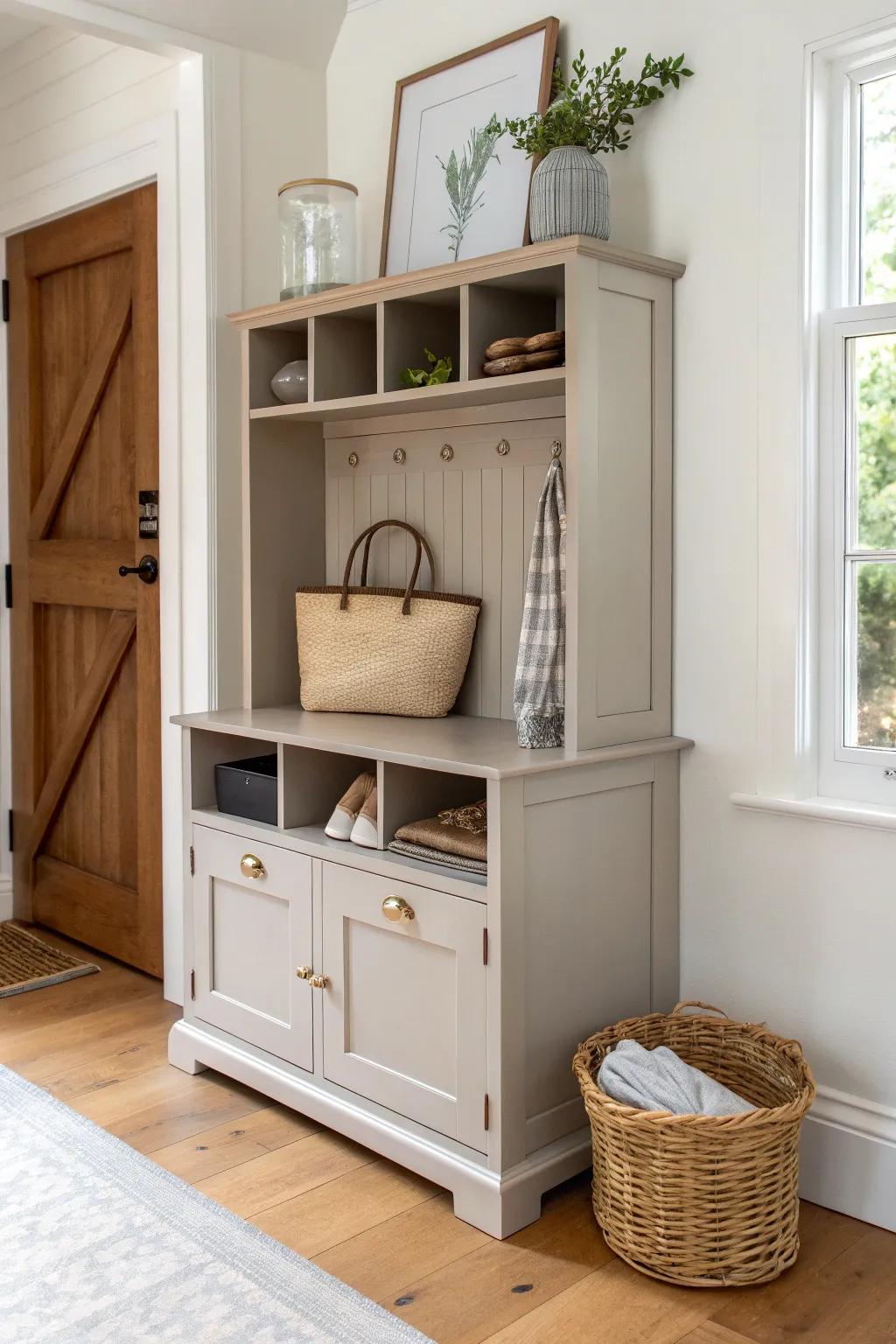 Repurposed base cabinet turned into a chic entryway shoe-and-bag drop zone.