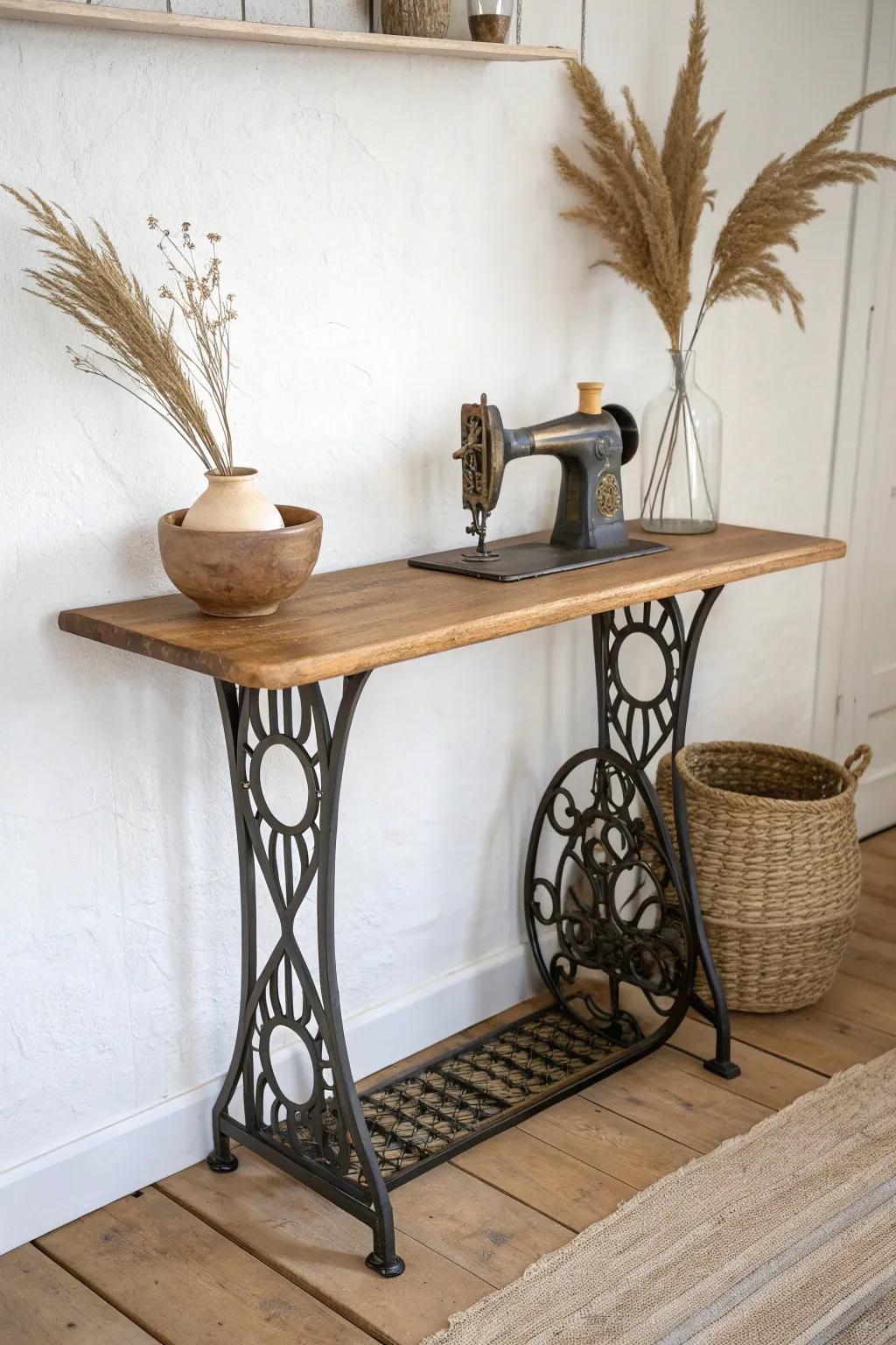 Old sewing machine table turned slim entryway console—minimal, warm oak, big style in tiny halls.