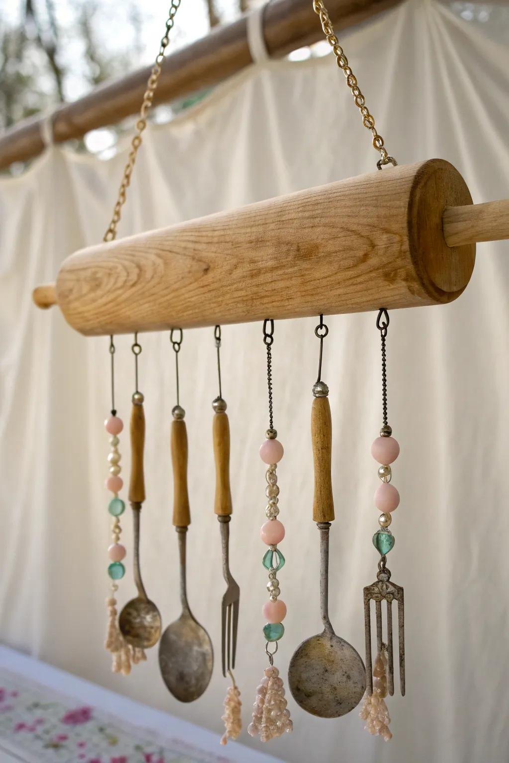 Transform a rolling pin into whimsical wind chimes and let the breeze play its gentle music. #Craftsmanship #MinimalistDecor