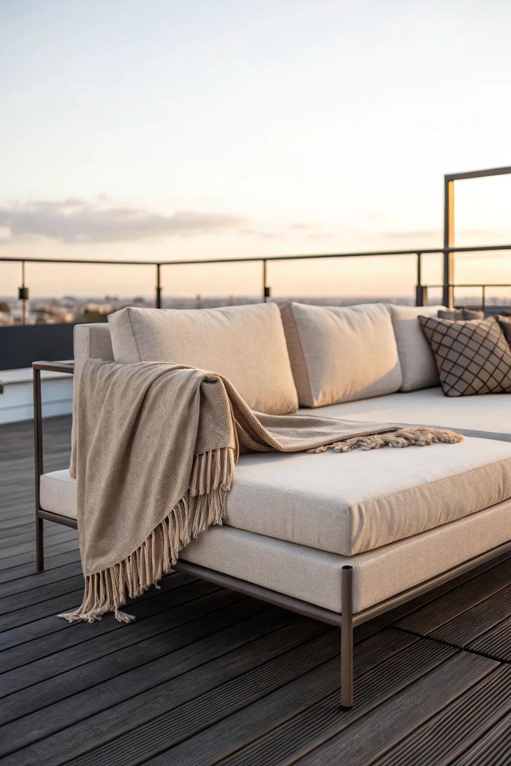 A modular rooftop sectional that adapts for lounging or guests—covered, cozy, effortless.