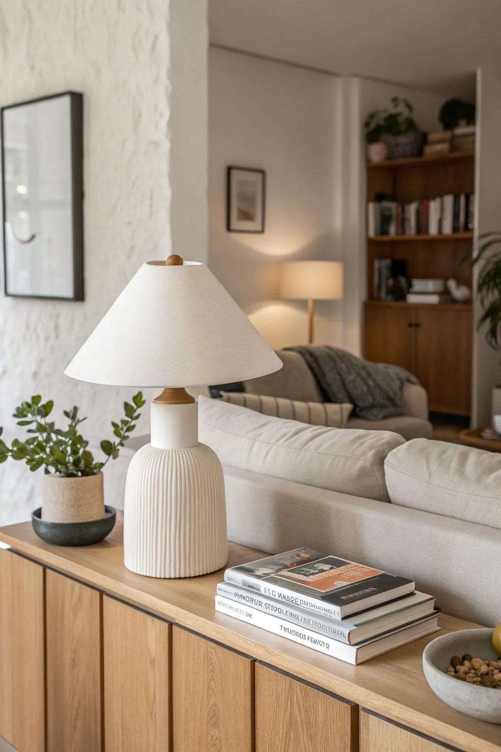 Classic pony half wall behind the sofa—airy, anchored, with a slim ledge for lamp and plant.