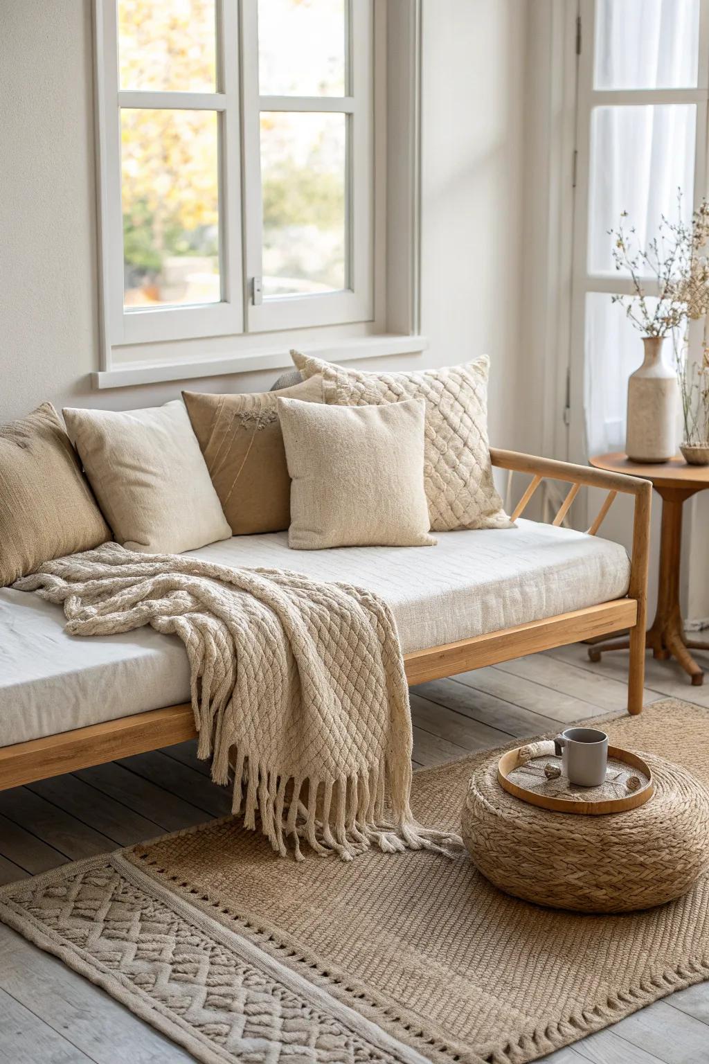 Style a daybed like a sofa with layered neutrals, one cozy throw, and a petite side table.