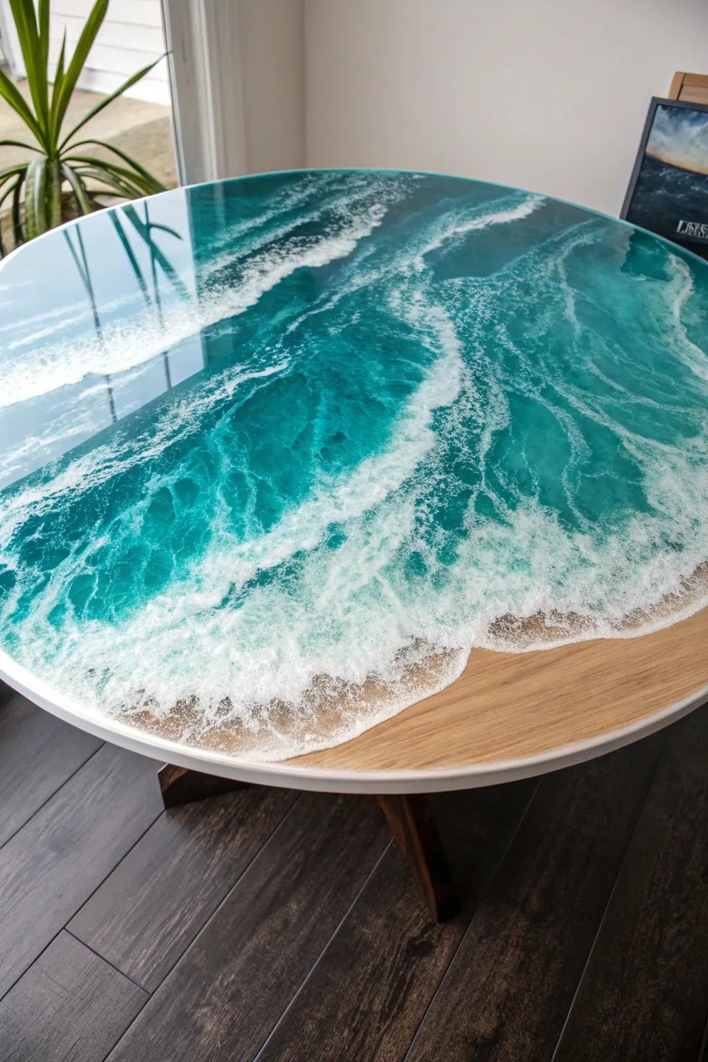 Transport yourself to coastal serenity with this ocean wave-inspired epoxy masterpiece.
