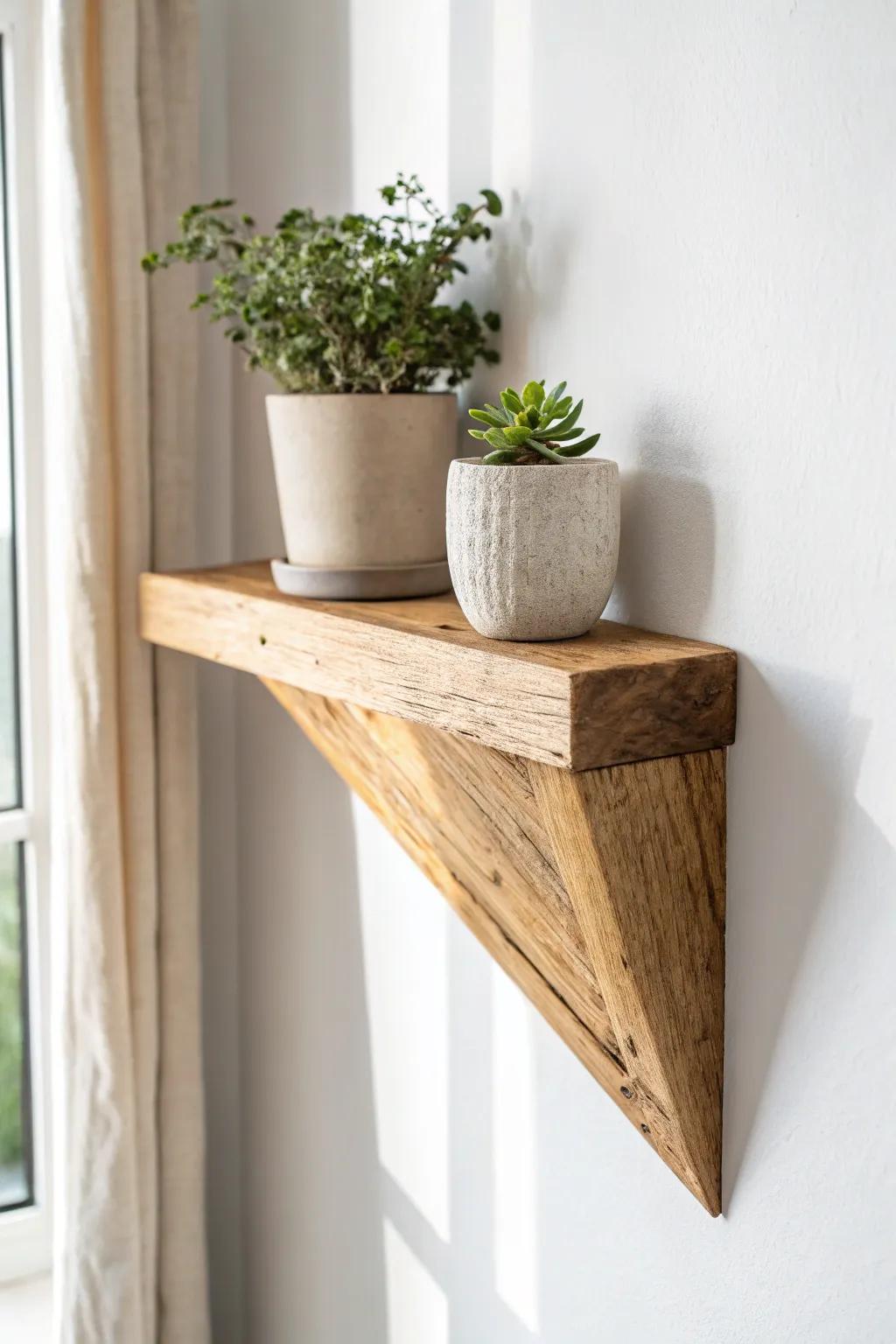 Rustic floating triangular corner shelf that turns empty corners into warm, airy display space.