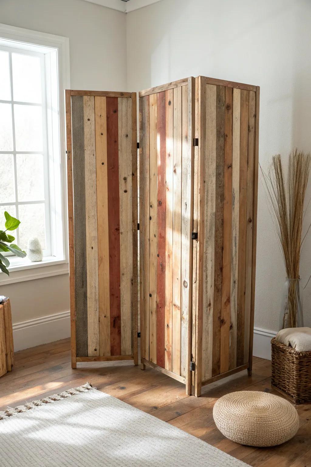 Vertical reclaimed wood slats: rustic privacy with light, warmth, and minimalist calm.