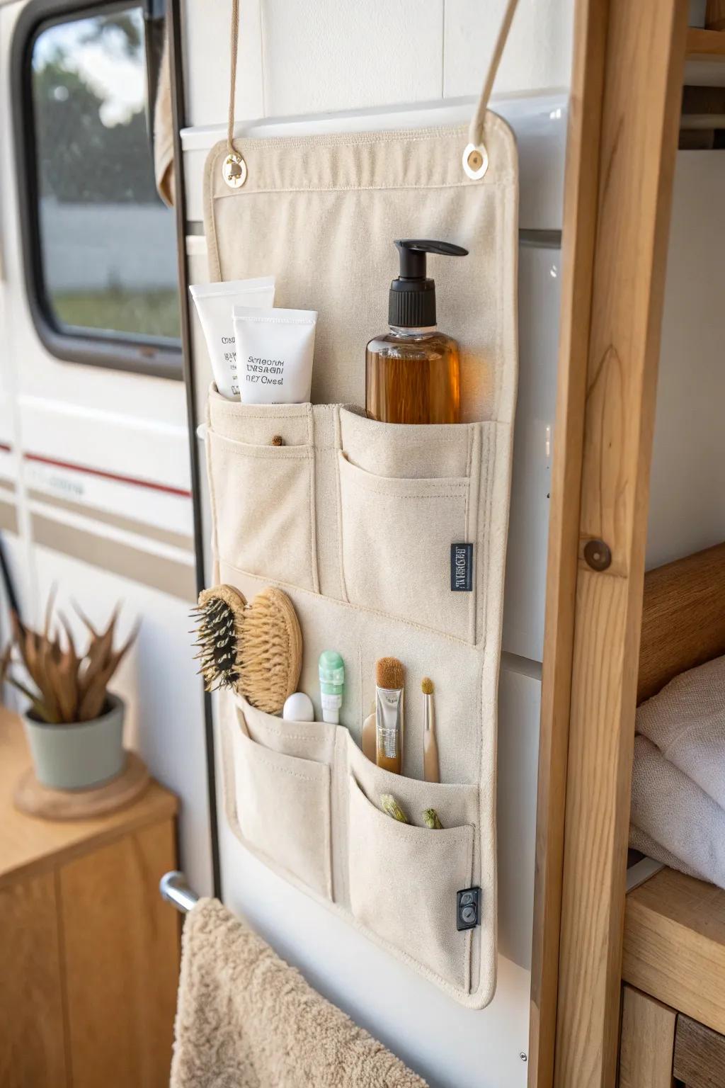 Deep-pocket over-the-door organizer keeps RV bathroom essentials secure and counter-free.