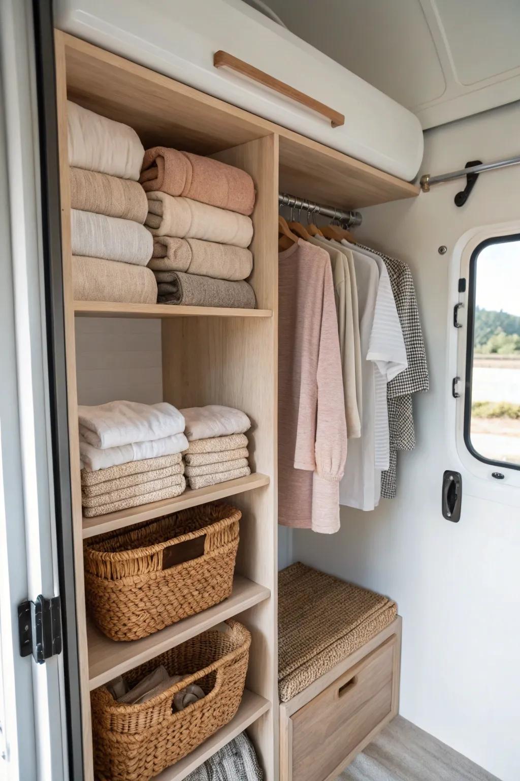 Swap the RV closet rod for tiered shelves to create tidy zones for folds and towels.