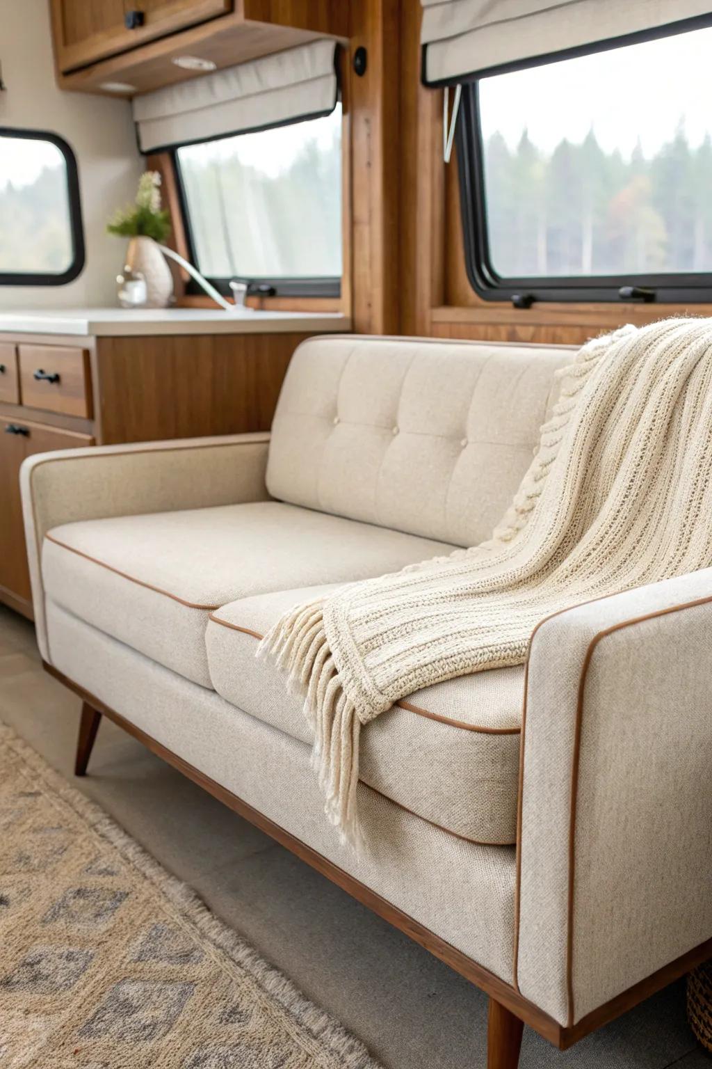 Swap the stiff RV sofa for a real loveseat—compact, cozy, and instantly more like home.